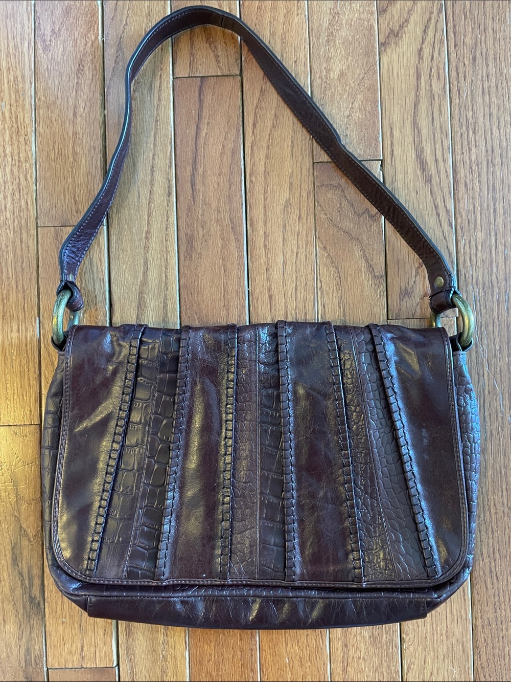 HOBO Vintage Chocolate Brown Leather Shoulder Bag with Textured Panels